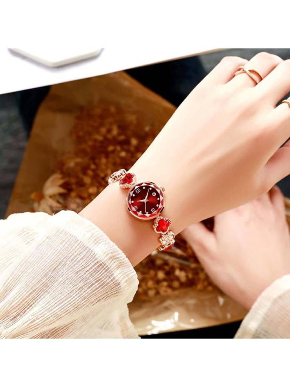 Women's Red Luxury Dress Ladies Stainless Steel Bracelet Date Wrist Watches - Picture 3 of 6
